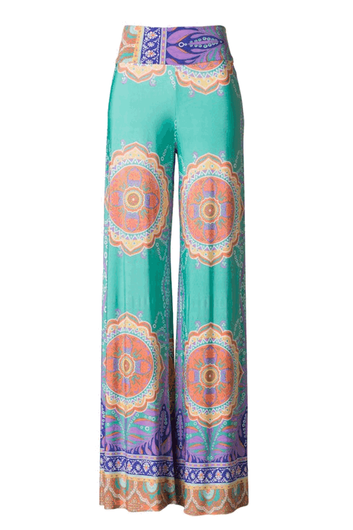 Mint-Coral Medallion Print Wide Leg Pants